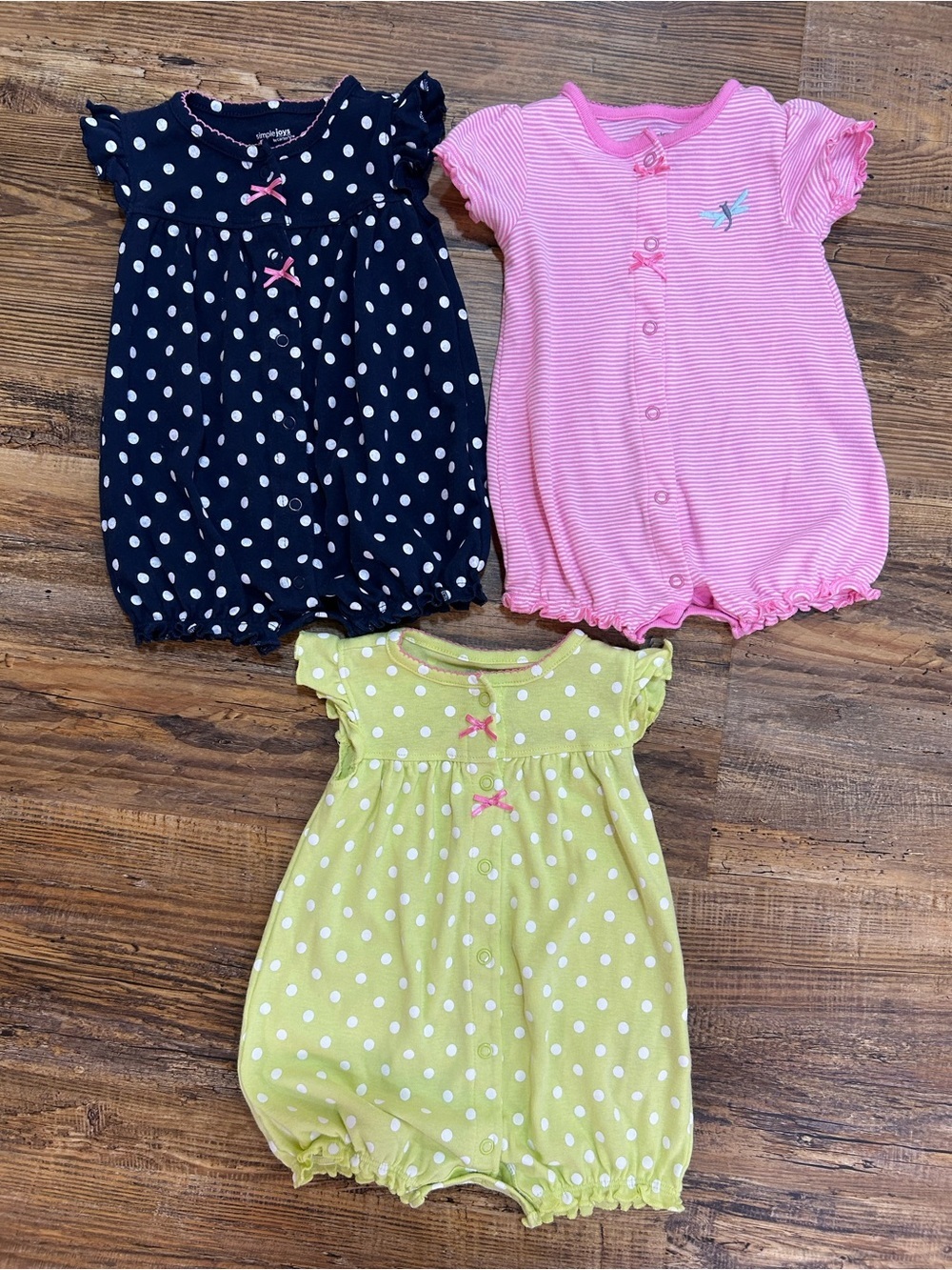 3-Pack Cute Summer Baby Girls Polka Dot & Stripe Rompers - 3-6Months